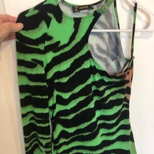 Versace Green and Black Tiger Print One Sleeve Buckle Neck Women's Top